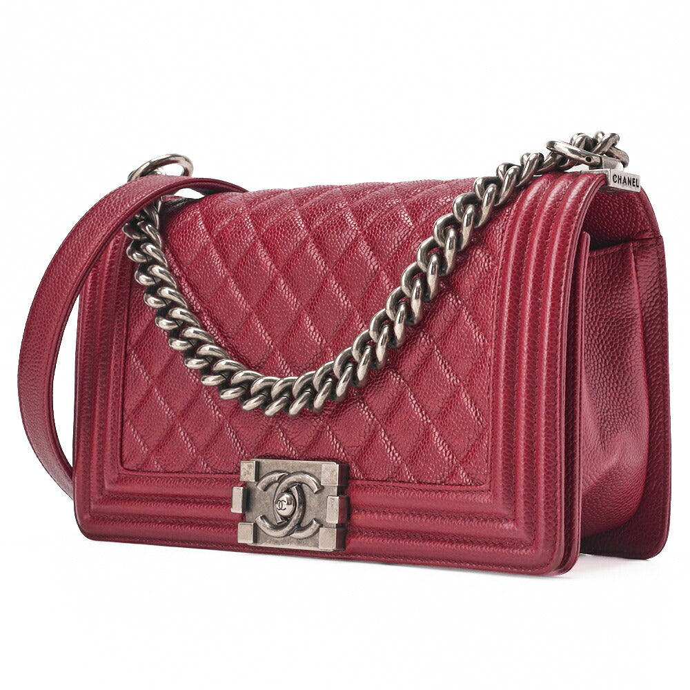 Pre-Owned Boy Matelassé Chain Shoulder Caviar Skin Red Silver-Tone Hardware, Pre-Owned