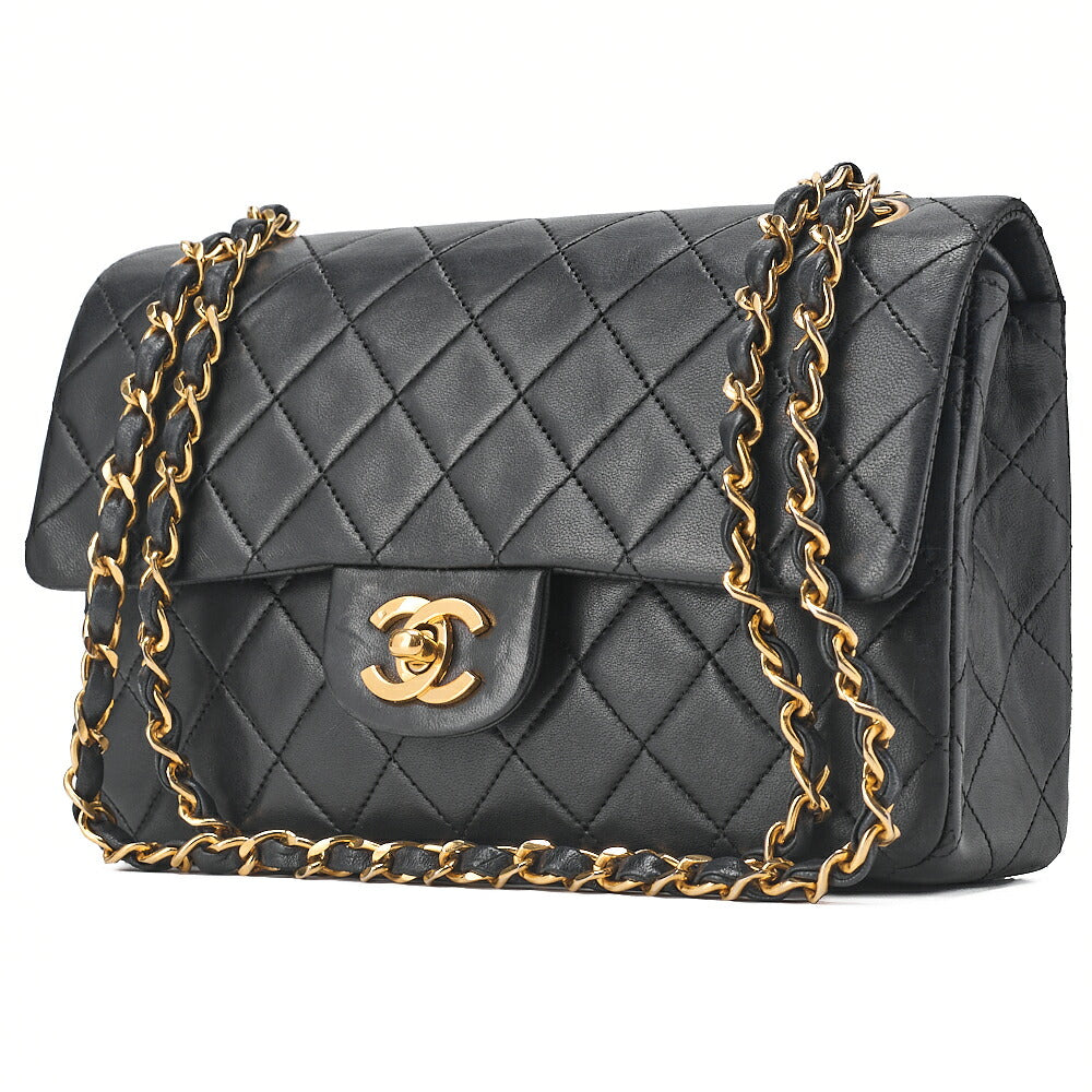 Pre-Owned Chain Shoulder Bag Matelassé Double Flap 23cm Lambskin Black Gold-Tone Hardware, Pre-Owned