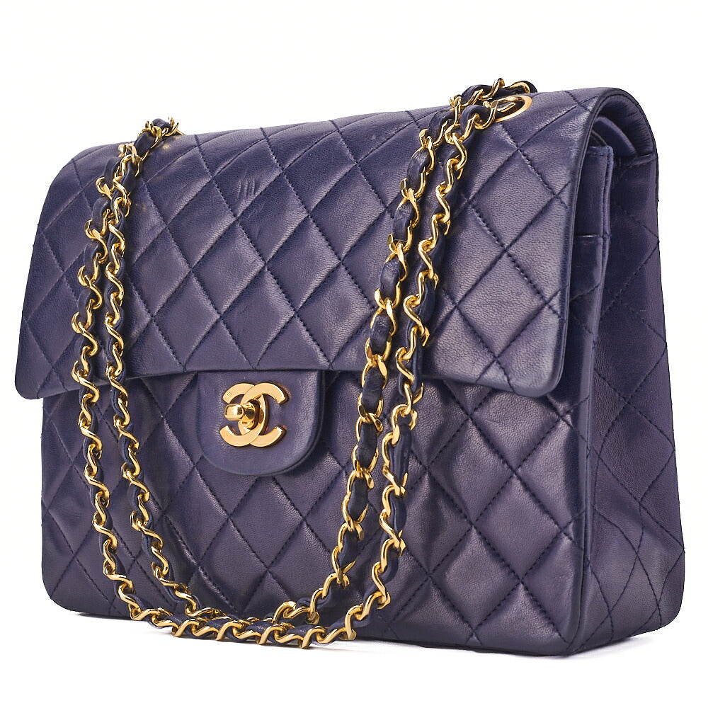 Pre-Owned Chain Shoulder Matelassé Double Flap 25cm Square Lambskin Navy Gold-Tone Hardware, Pre-Owned