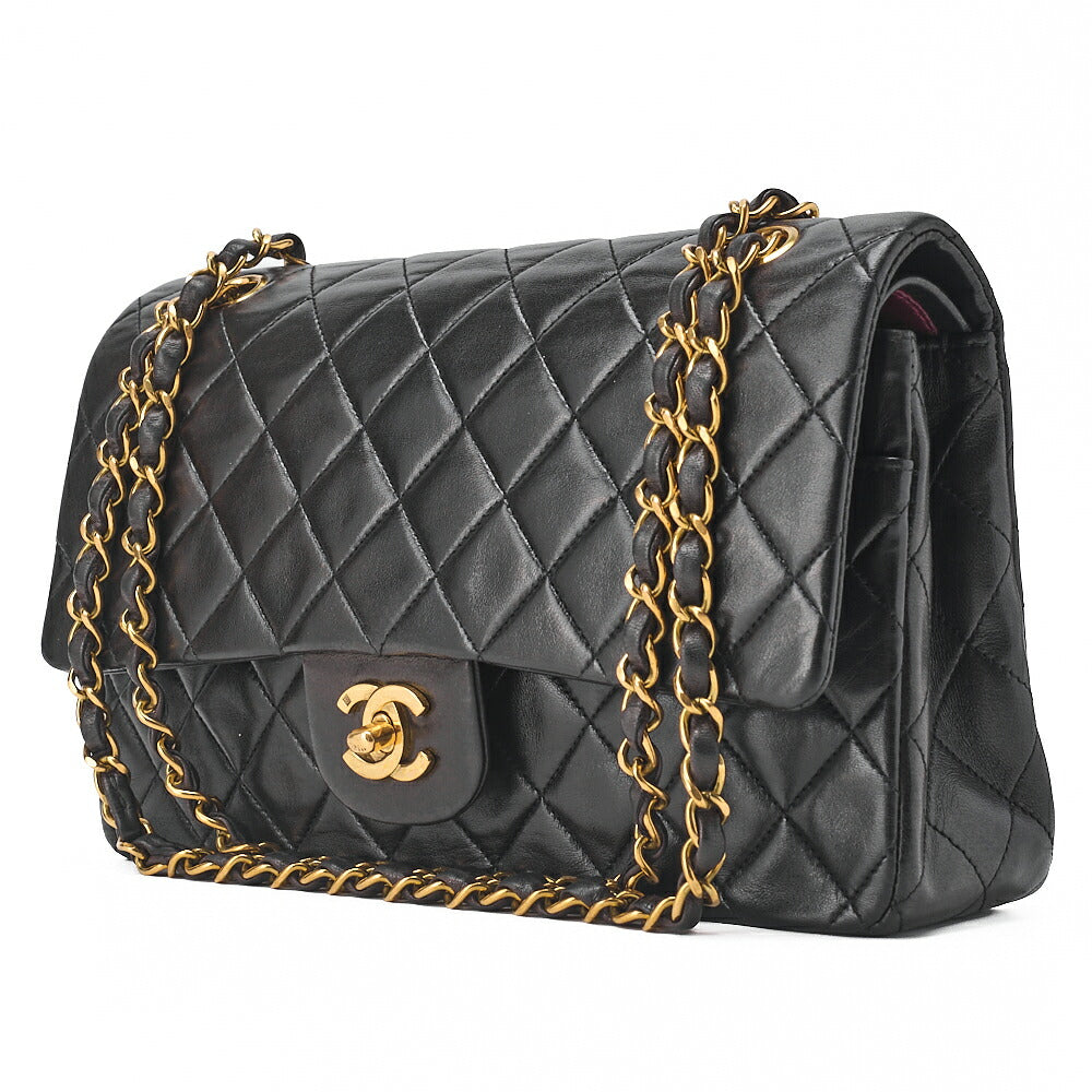 Pre-Owned Shoulder Bag Matelassé Double Flap 25cm Chain Shoulder Lambskin Black Gold-Tone Hardware, Pre-Owned