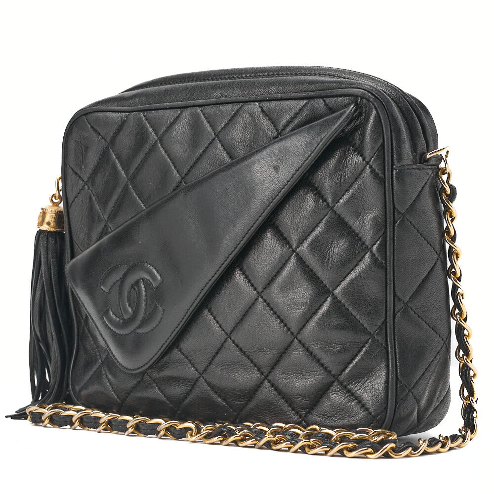 Pre-Owned Matelassé Coco Mark Fringe Chain Shoulder Lambskin Black Gold-Tone Hardware, Pre-Owned