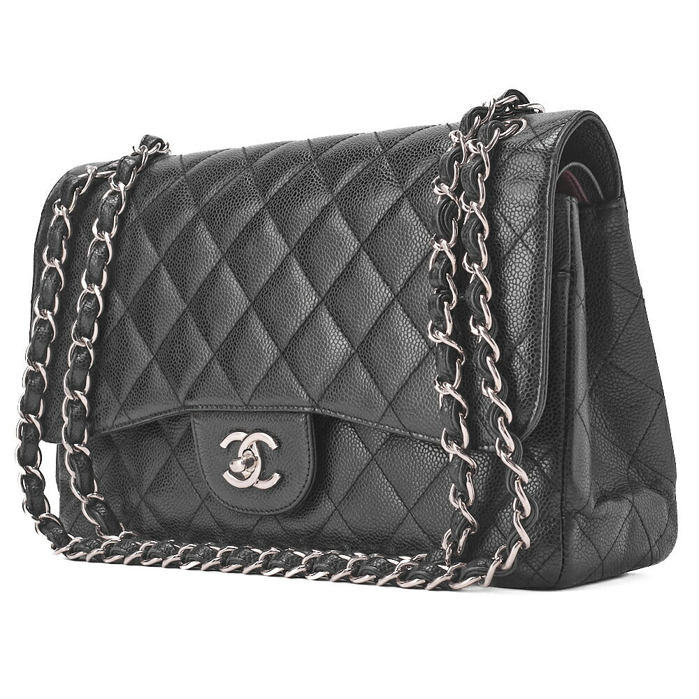Pre-Owned Chain Shoulder Bag Double Flap Deca Matlasse 30cm Caviar Skin Black (Silver Fittings) Women's Bag Women's