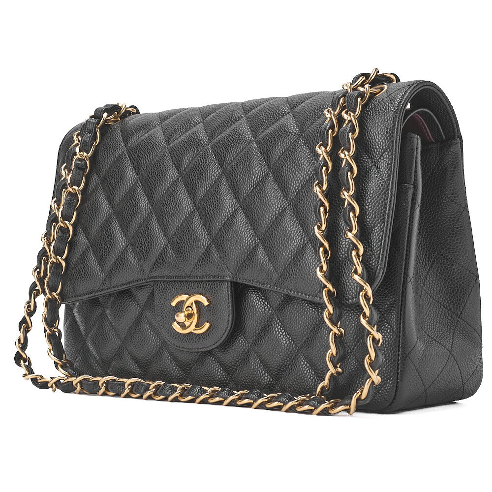 Pre-Owned Chain Shoulder Bag Deca Matelassé Double Flap 30cm Caviar Skin Black Gold-Tone Hardware, Pre-Owned