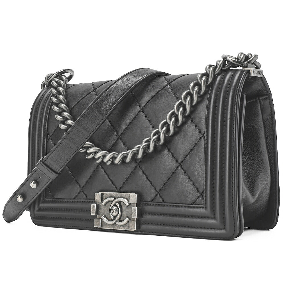 Pre-Owned Boy Wild Stitch Chain Shoulder Calfskin Black Silver-Tone Hardware, Pre-Owned