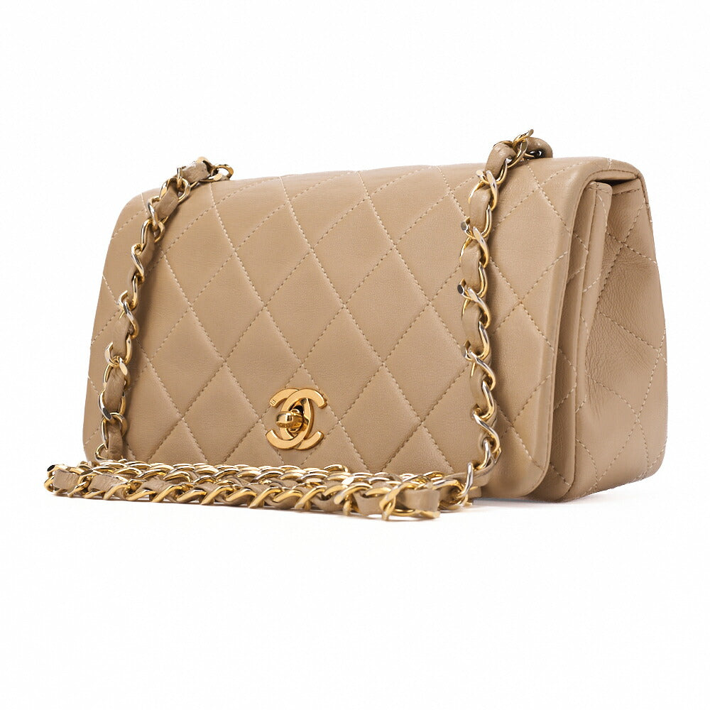 Pre-Owned Chain Shoulder Bag Mini Matelassé 18cm Lambskin Beige Full Flap Turnlock Gold-Tone Hardware, Pre-Owned