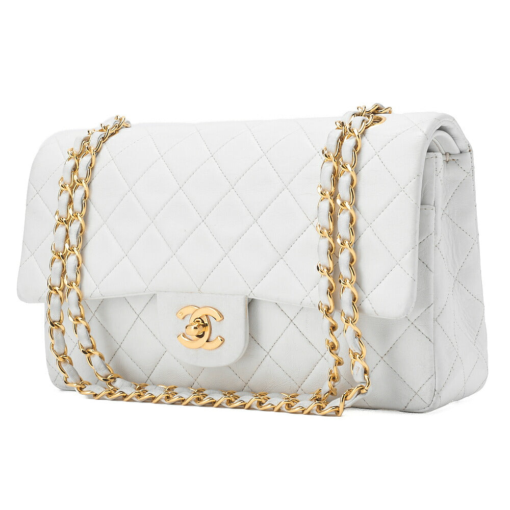 Pre-Owned Shoulder Bag Matelassé Double Flap 25cm Chain Shoulder Lambskin White Gold-Tone Hardware, Pre-Owned