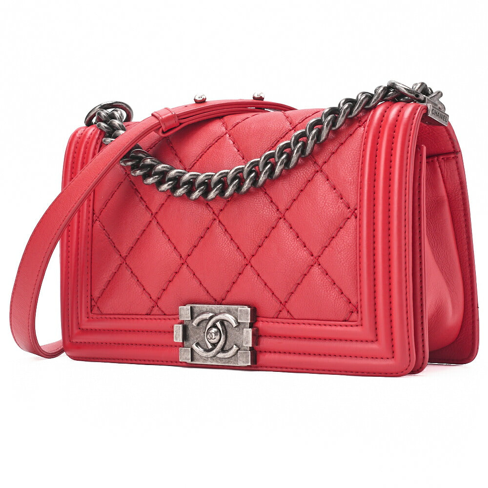 Pre-Owned Boy Matelassé Chain Shoulder Calfskin Red Silver-Tone Hardware, Pre-Owned