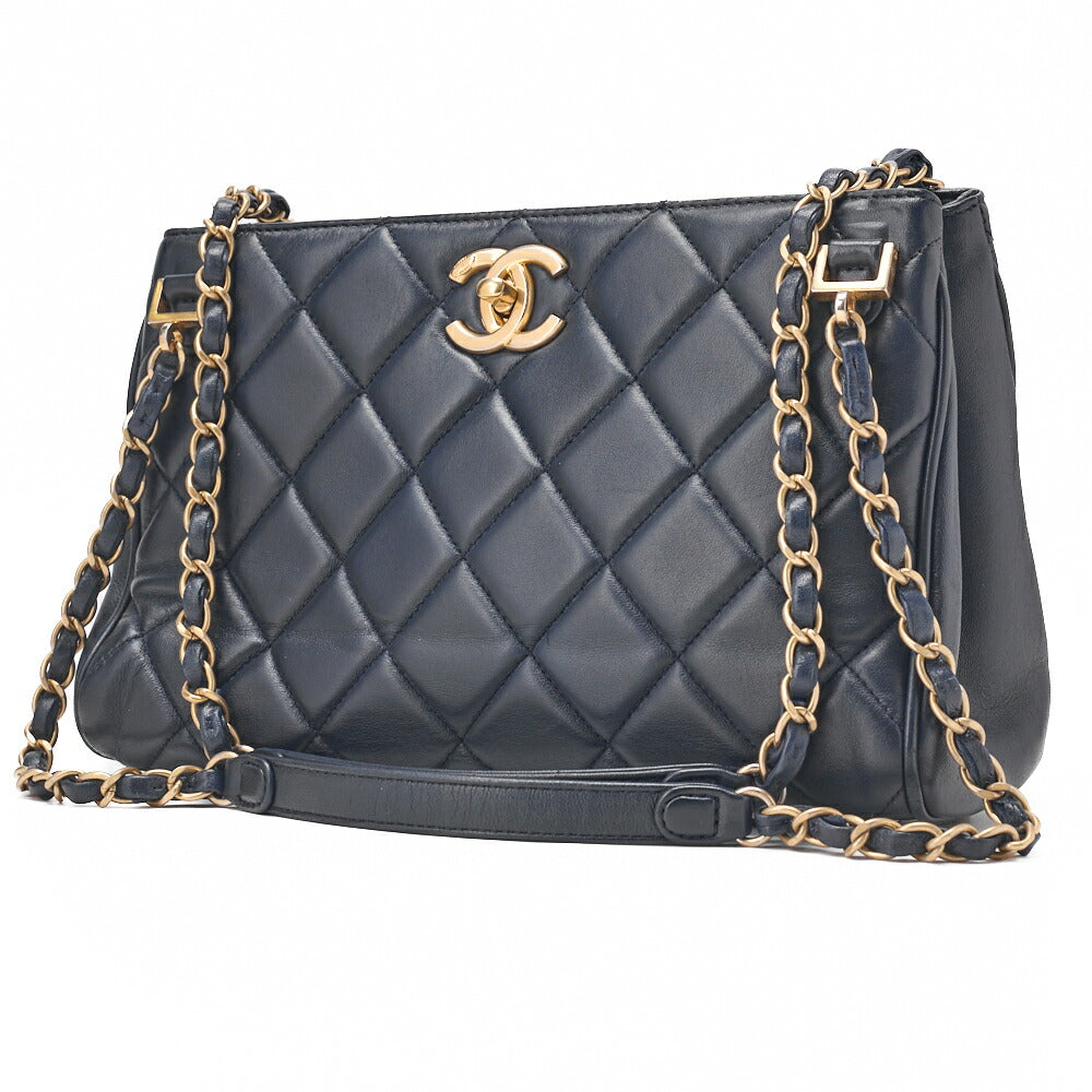 Pre-Owned Chain Shoulder Matelassé Bicolore Calfskin Navy Gold-Tone Hardware, Pre-Owned