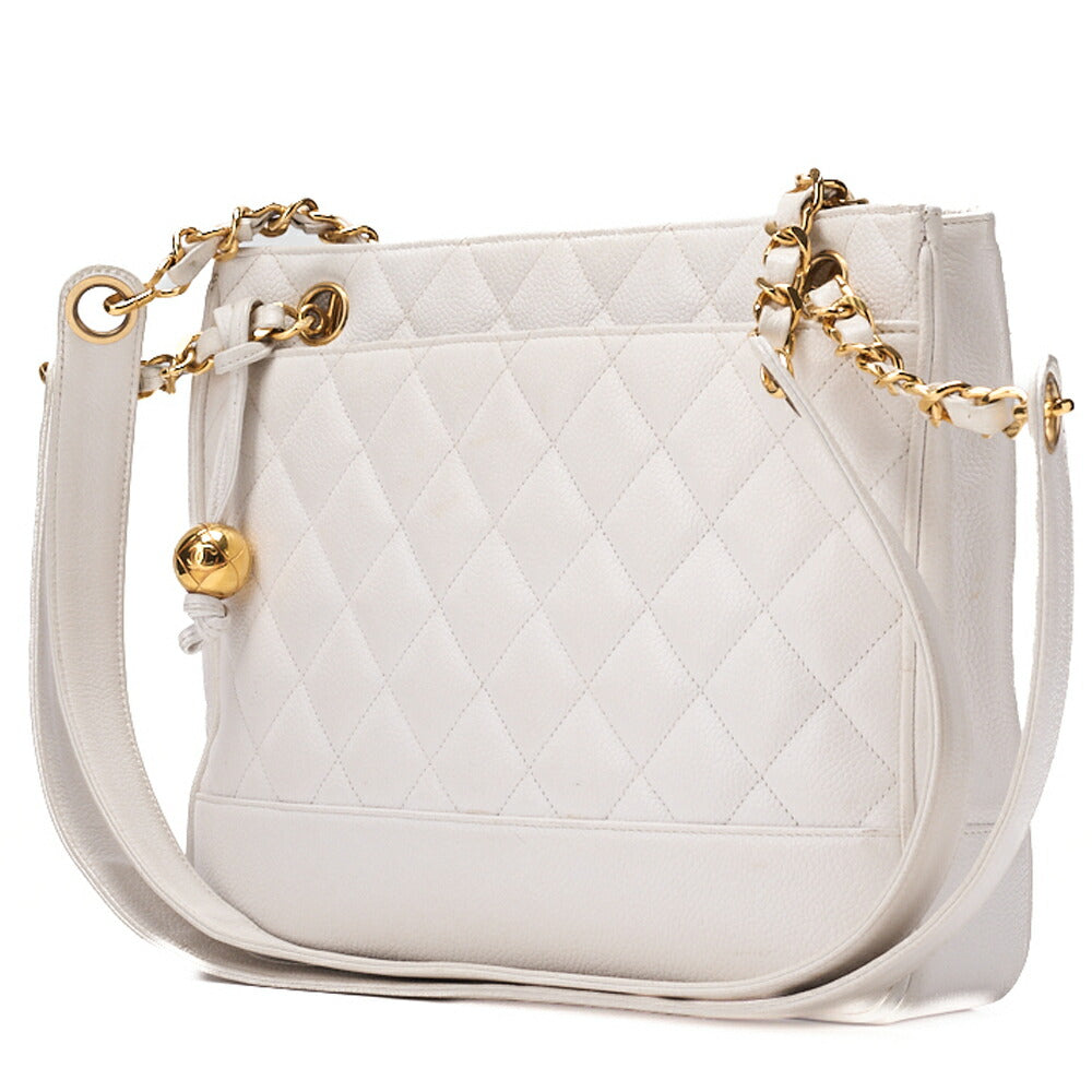 Pre-Owned Chain Shoulder Bag Matelassé Ball Charm Caviar Skin White Gold-Tone Hardware, Pre-Owned