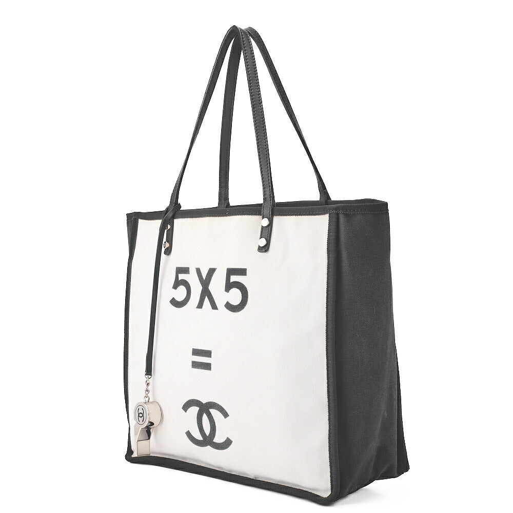 Pre-Owned Tote Bag Coco Mark Canvas with Whistle Charm White x Black Silver-Tone Hardware, Pre-Owned