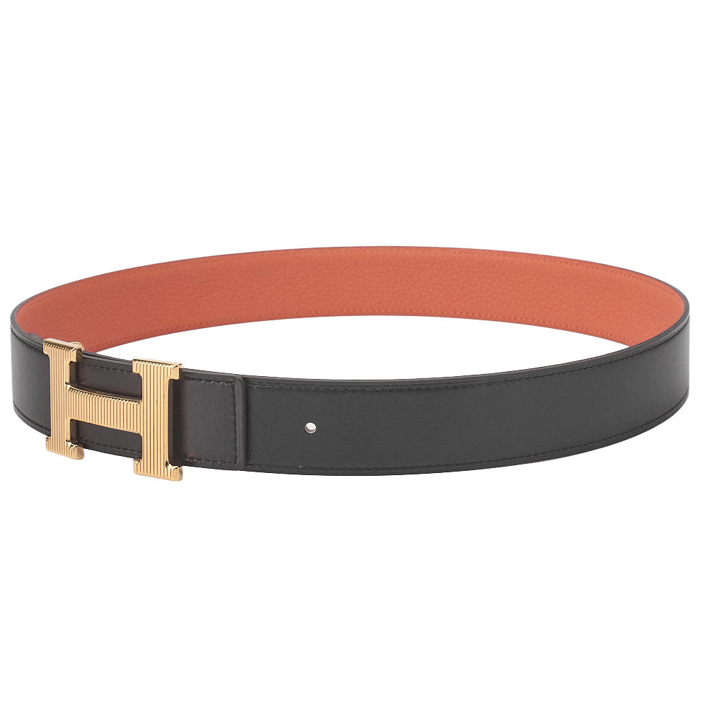 Pre-Owned Stolier H Buckle Box Calf x Togo Belt Black x Orange Gold-Tone Hardware, Pre-Owned