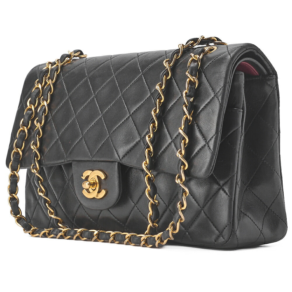 Pre-Owned Shoulder Bag Matelassé Double Flap 25cm Chain Shoulder Lambskin Black Gold-Tone Hardware, Pre-Owned