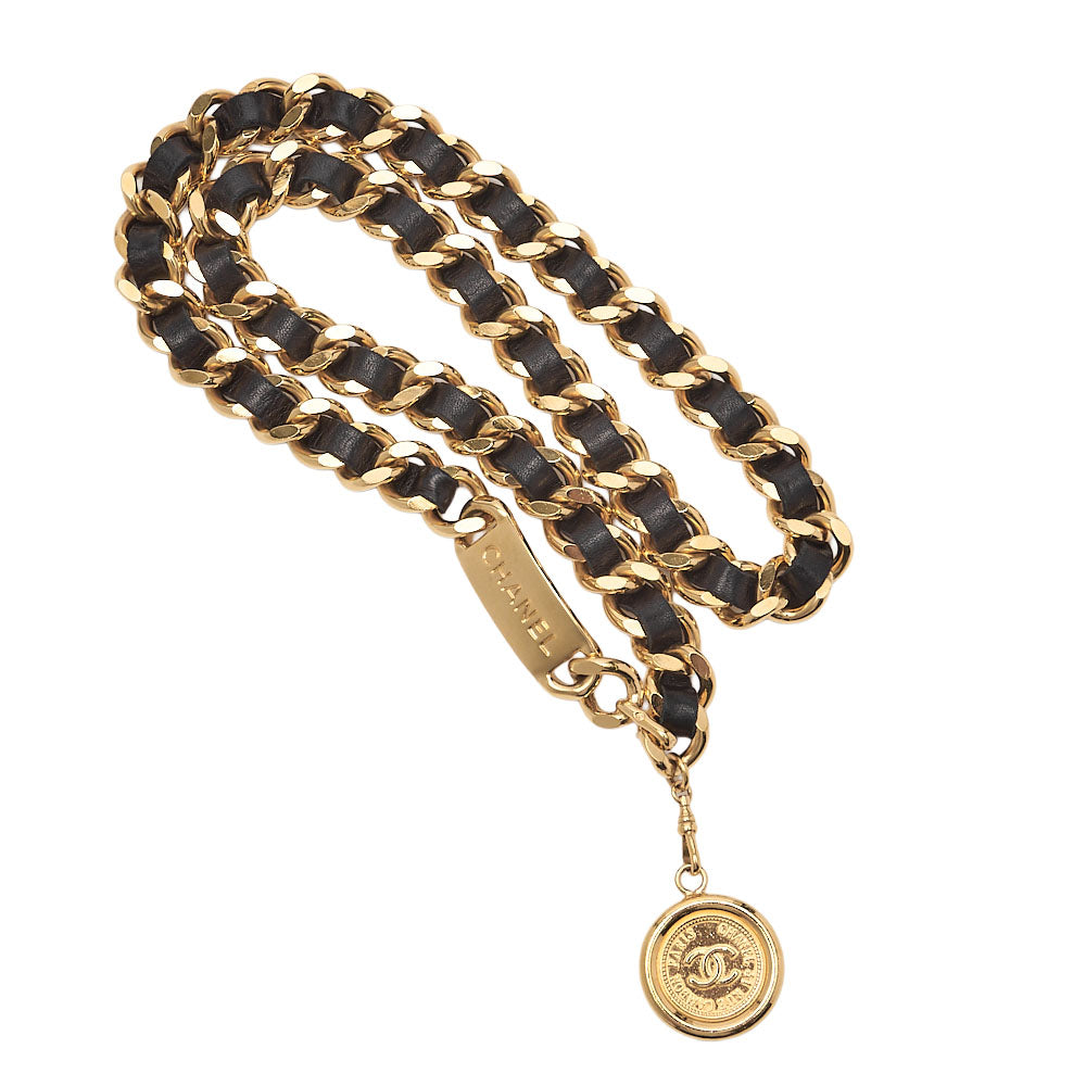 Pre-Owned Cocomark Chain Belt GP x Leather Black x Gold Gold-Tone Hardware, Pre-Owned