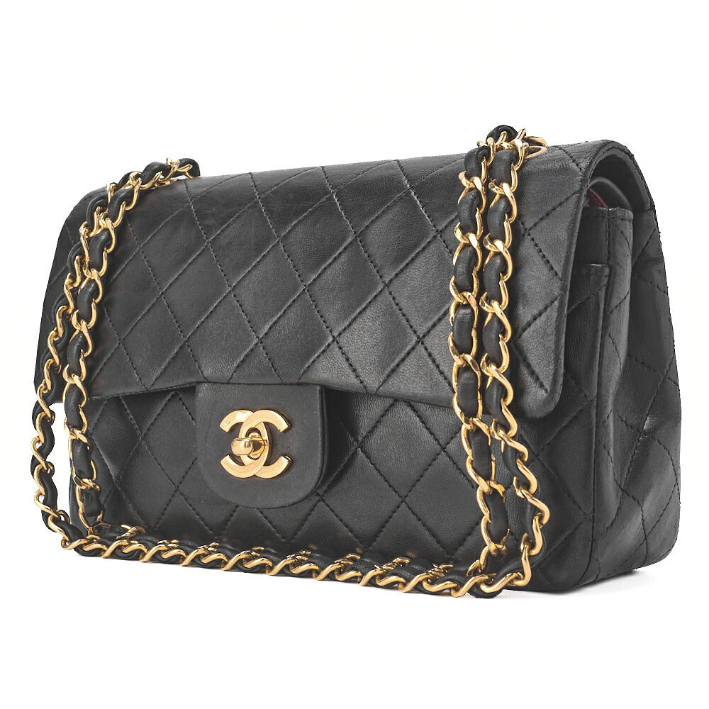Pre-Owned Chain Shoulder Bag Matelassé Double Flap 23cm Lambskin Black Gold-Tone Hardware, Pre-Owned