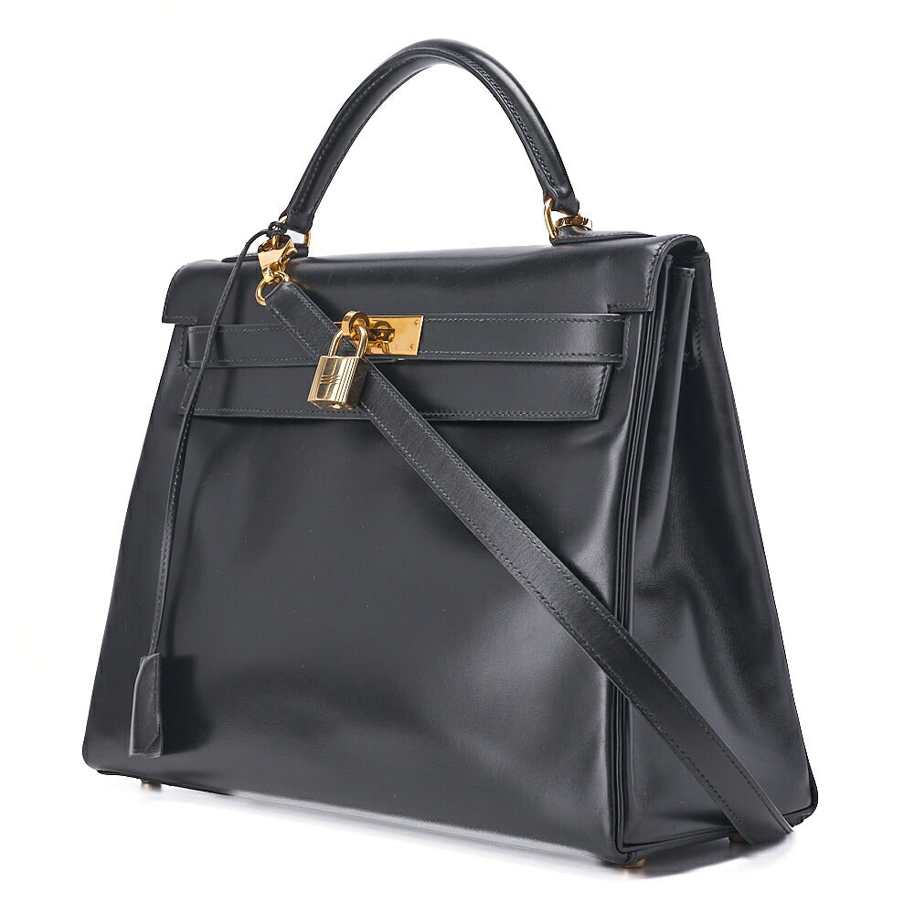 Pre-Owned Kelly 32 Handbag Inseam Box Calf Black Gold-Tone Hardware, Pre-Owned