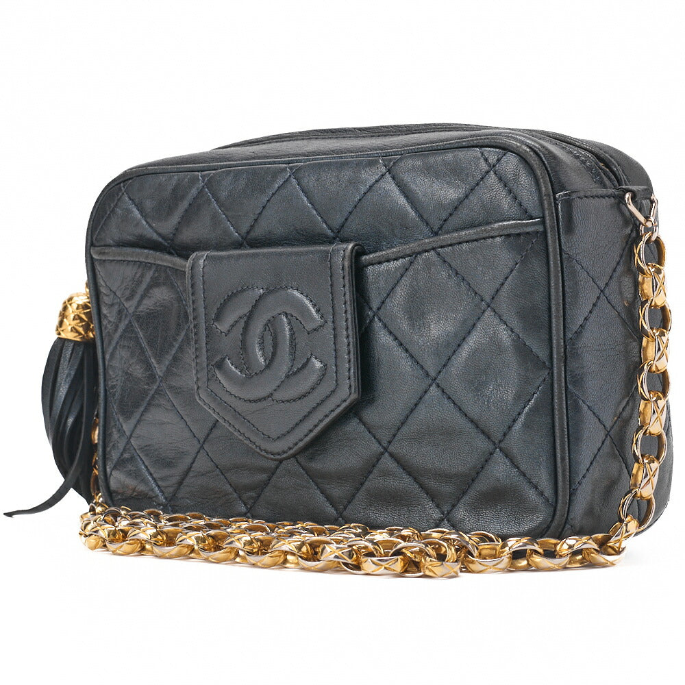 Pre-Owned Matelassé Coco Mark with Fringe Bijou Chain Shoulder Lambskin Navy Gold-Tone Hardware, Pre-Owned
