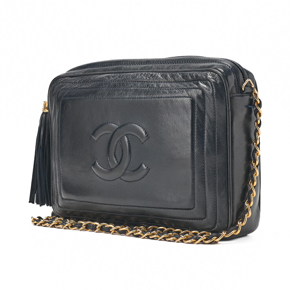 Pre-Owned Coco Mark with Fringe Chain Shoulder Lambskin Navy Gold-Tone Hardware, Pre-Owned