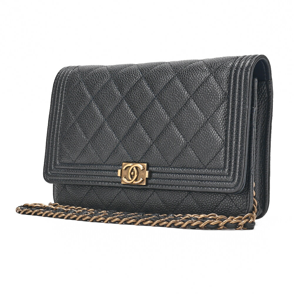 Pre-Owned Boy Matelassé Chain Wallet Caviar Skin Dark Navy Gold-Tone Hardware, Pre-Owned