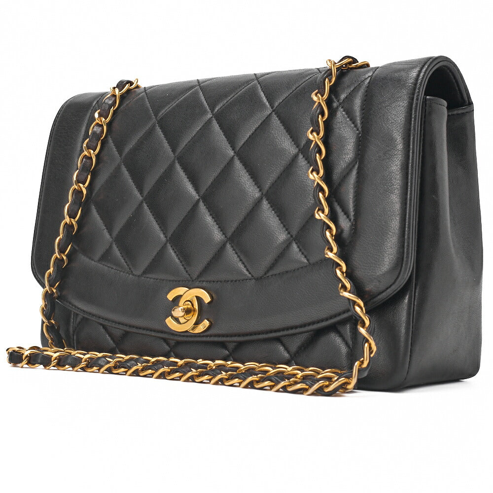 Pre-Owned Chain Shoulder Matelassé Lambskin Diana Flap Black Gold-Tone Hardware, Pre-Owned