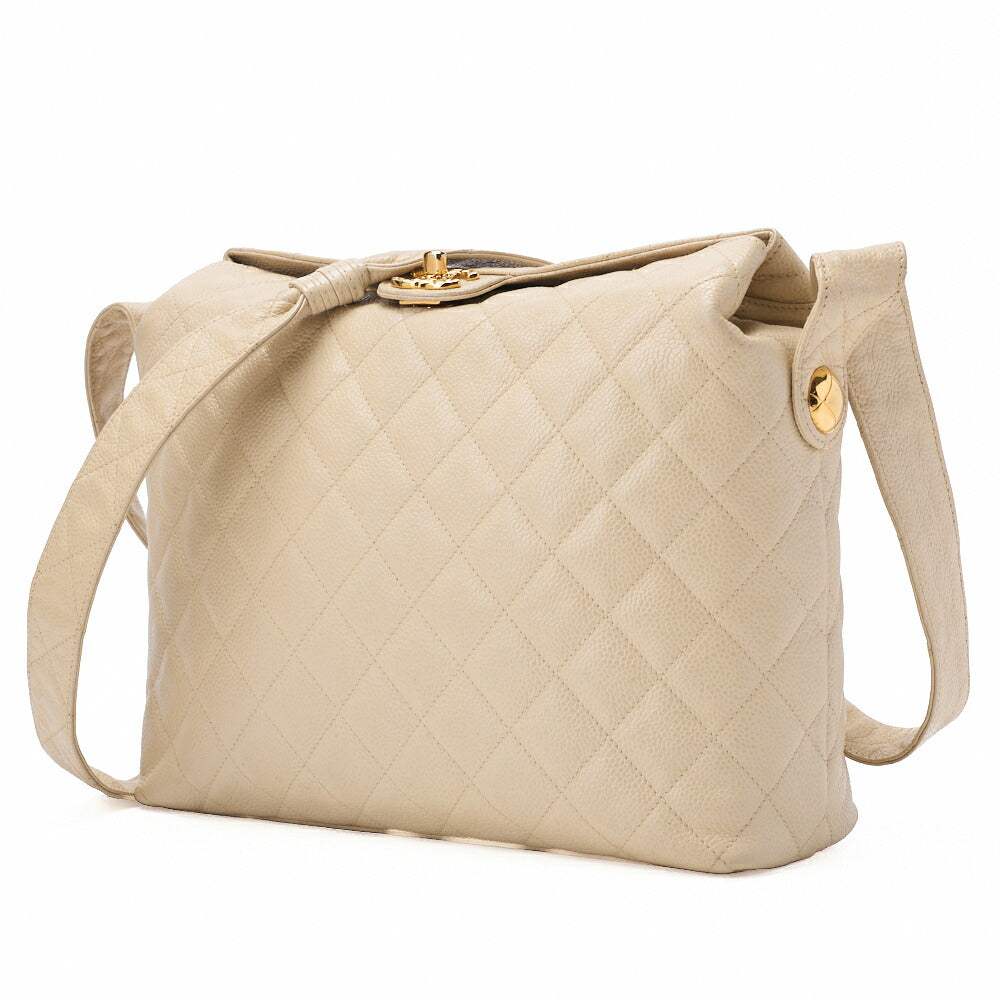 Pre-Owned Matelassé Upper Coco Mark Shoulder Bag Caviar Skin Beige Gold-Tone Hardware, Pre-Owned