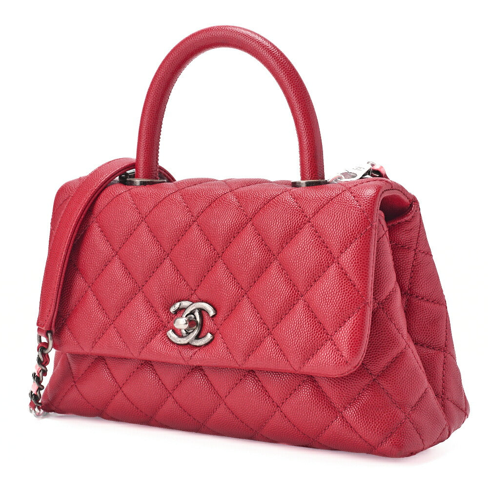 Pre-Owned Chain Shoulder Bag Matelassé Coco Handle 2WAY Handbag Caviar Skin Red Silver-Tone Hardware, Pre-Owned