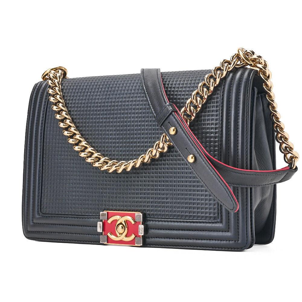 Pre-Owned Boy Perforated Design Chain Shoulder Lambskin Navy x Red Large Size Gold-Tone Hardware, Pre-Owned