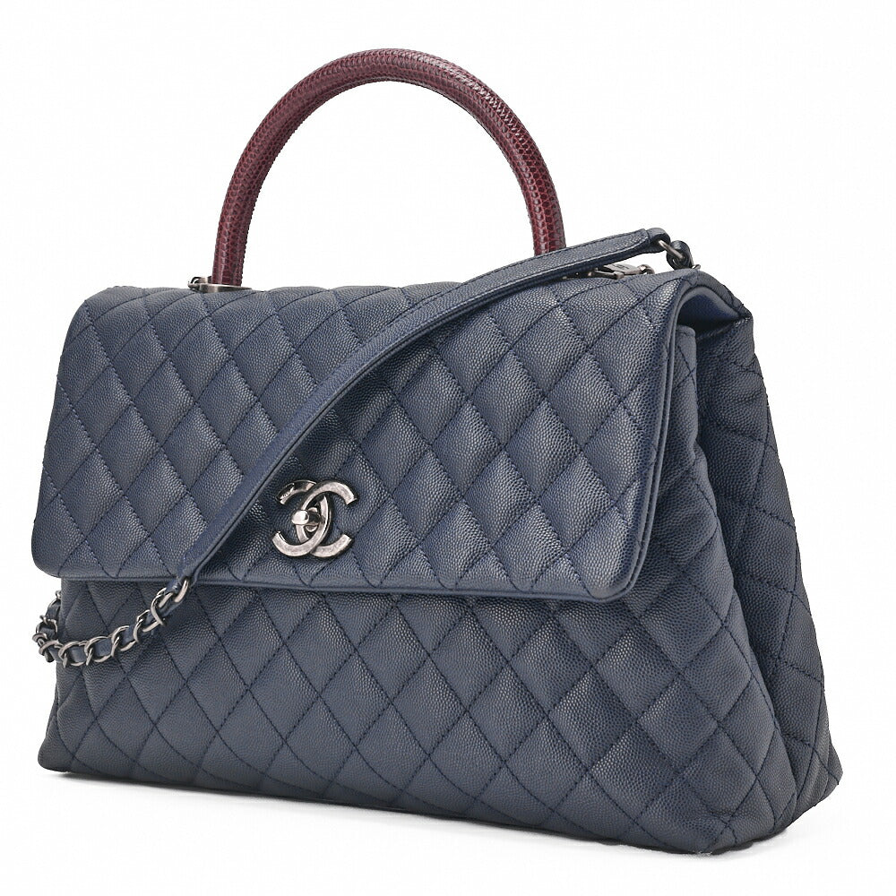 Pre-Owned Shoulder Bag Matelassé Coco Handle 2-Way Handbag Caviar Skin Lizard Navy x Bordeaux Silver-Tone Hardware, Pre-Owned