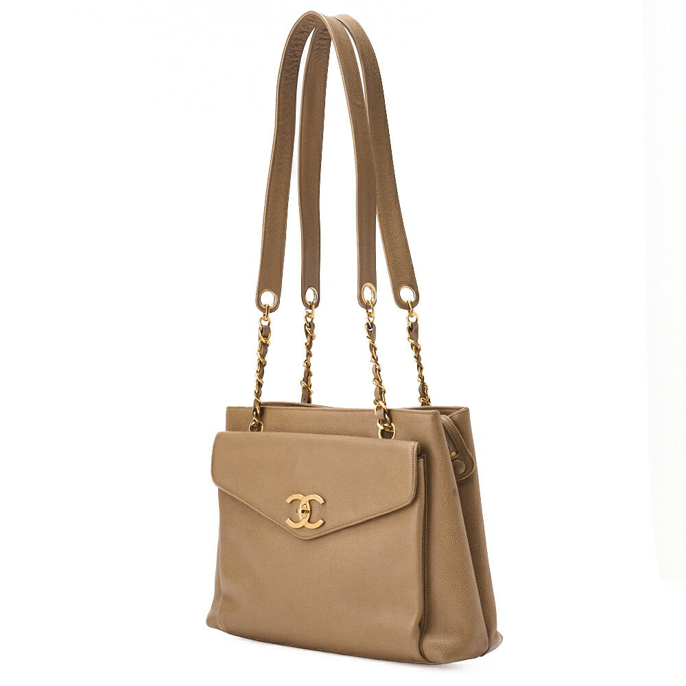 Pre-Owned Chain Shoulder Bag Tote Bag Outside Flap Caviar Skin Beige Gold-Tone Hardware, Pre-Owned