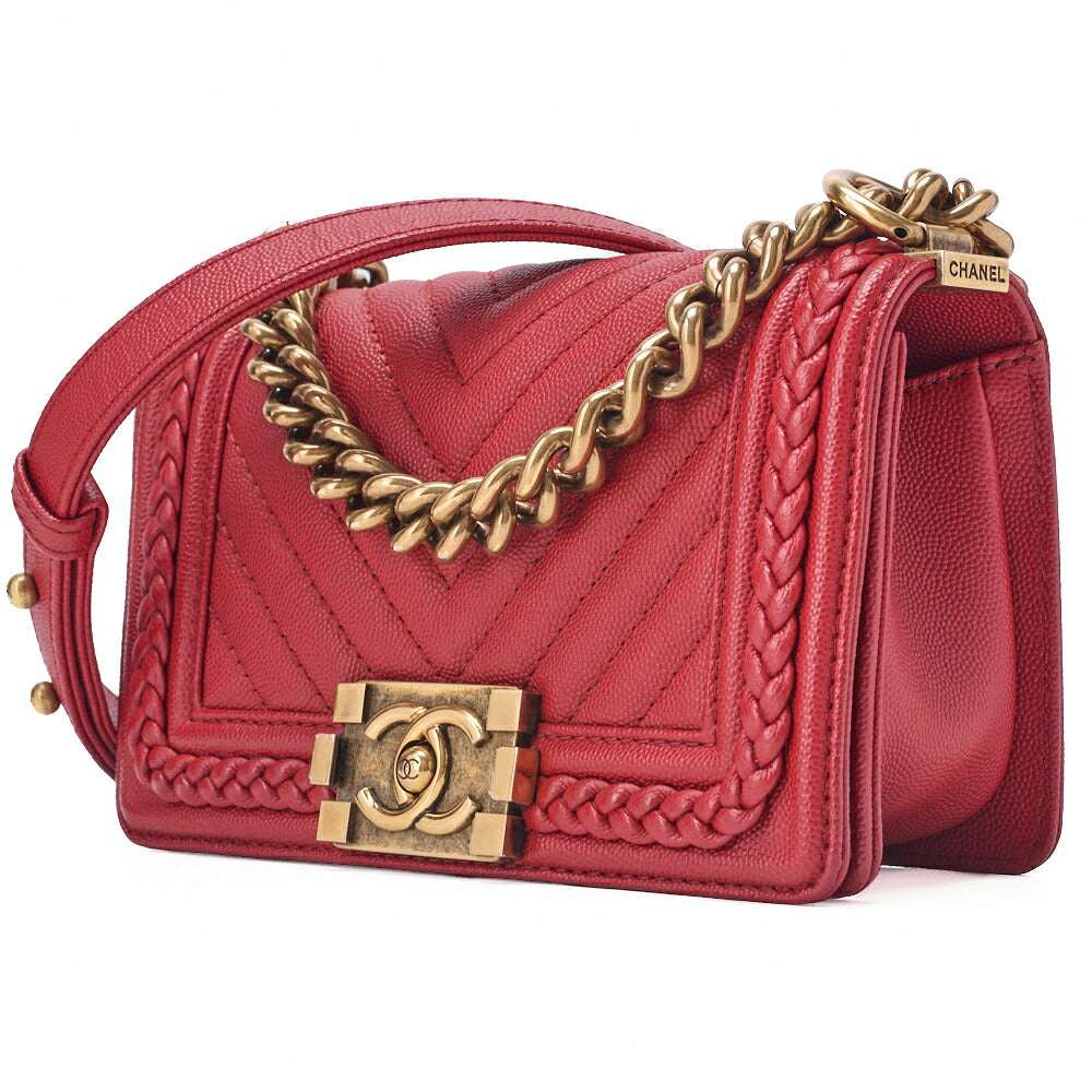 Pre-Owned Boy V-Stitch Chain Shoulder Caviar Skin Red Gold-Tone Hardware, Pre-Owned