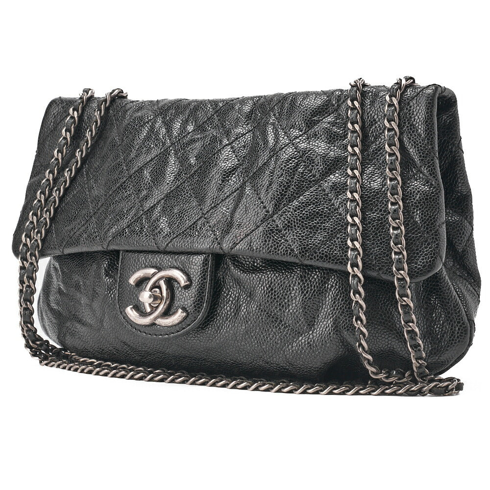 Pre-Owned Chain Shoulder Bag Matelassé Wrinkled Design Single Flap Turnlock Caviar Skin Black Silver-Tone Hardware, Pre-Owned