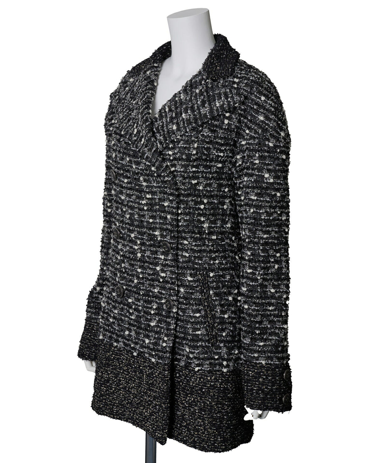 Manteau d'occasion, bouton Coco Mark, tweed, nylon et soie, noir, finitions dorées, d'occasion