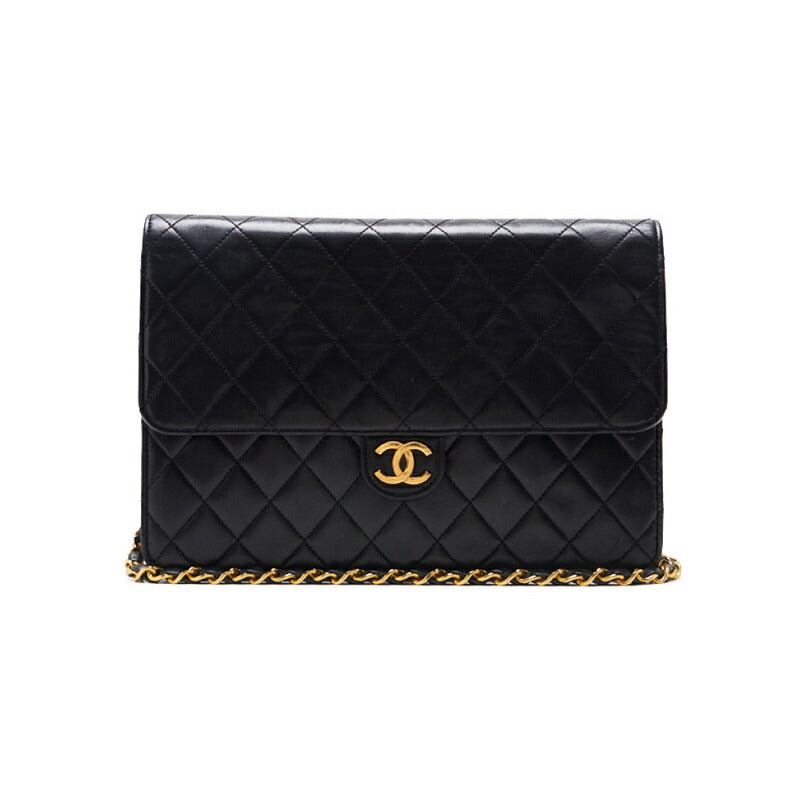 Pre-Owned Shoulder Bag, Matelasse Push Lock Chain Shoulder, Lambskin, Black, Gold-Tone Hardware, Pre-Owned