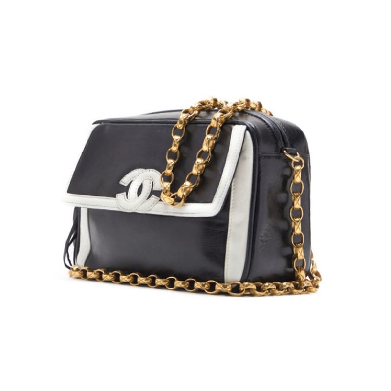 Pre-Owned Shoulder Bag, Coco Mark With Fringe Bijou Chain, Bicolor Lambskin, White, Gold-Tone Hardware, Pre-Owned