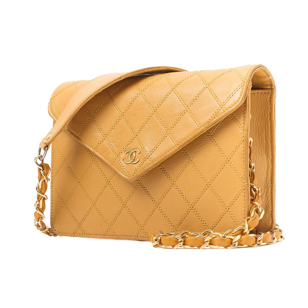 Pre-Owned Shoulder Bag, V-Flap Push Lock, Chain Shoulder, Lambskin, Yellow, Gold-Tone Hardware, Pre-Owned