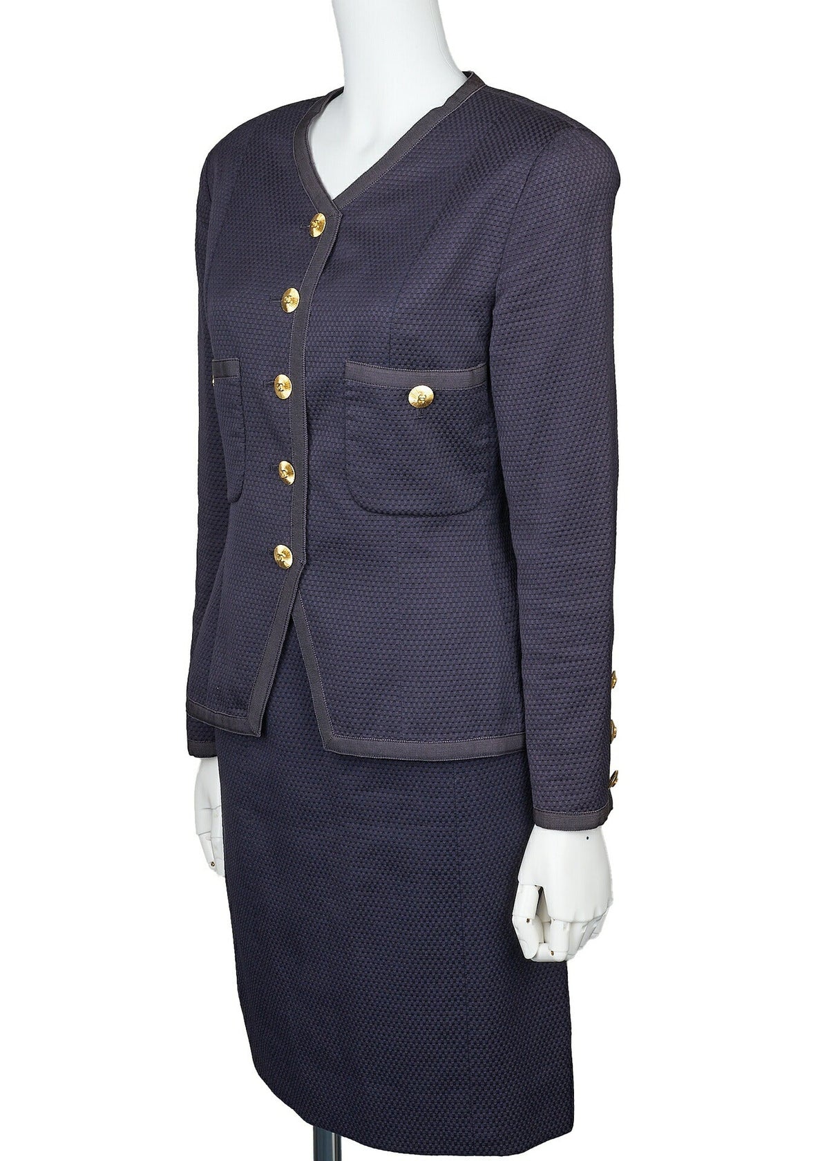 Pre-Owned Jacket Skirt Set, Coco Button, Cotton, Navy, Gold-Tone Hardware, Pre-Owned
