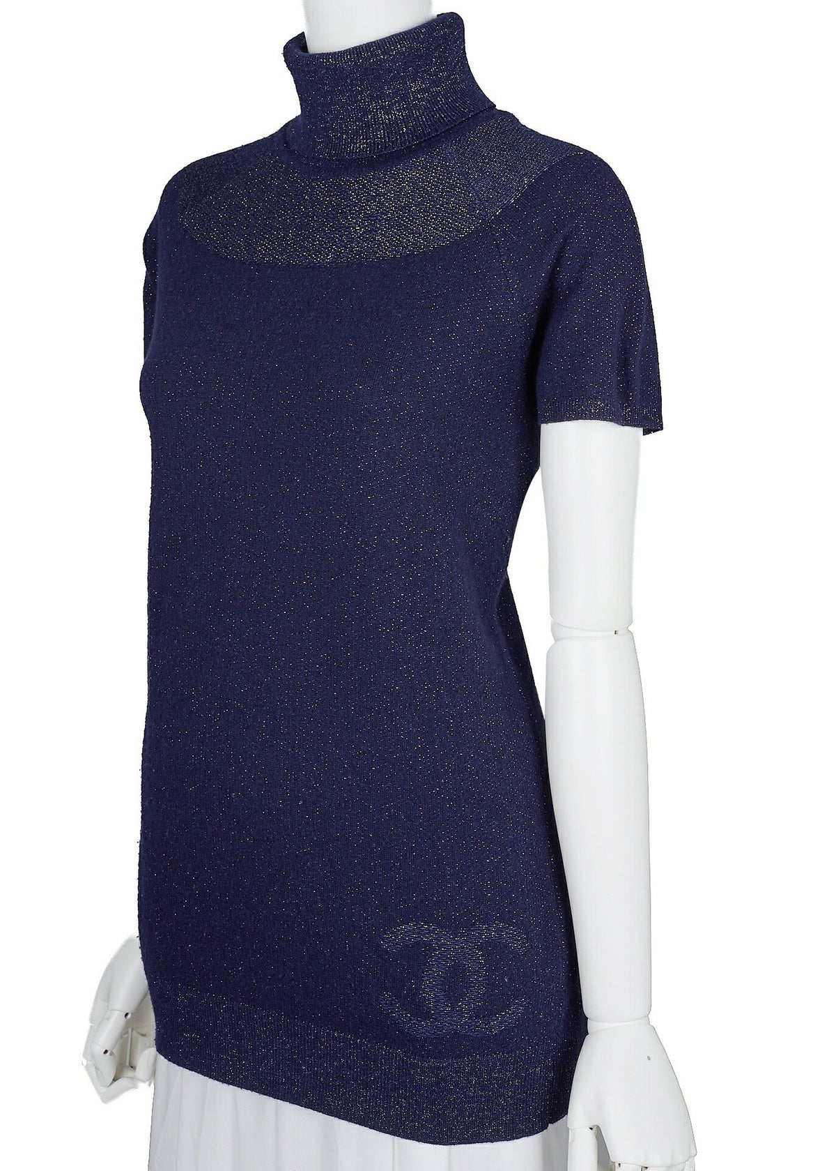 Pre-Owned T-Shirt, Coco Mark, Short Sleeve, Knit, Wool Cashmere Blend, Navy, Gold-Tone Hardware, Pre-Owned