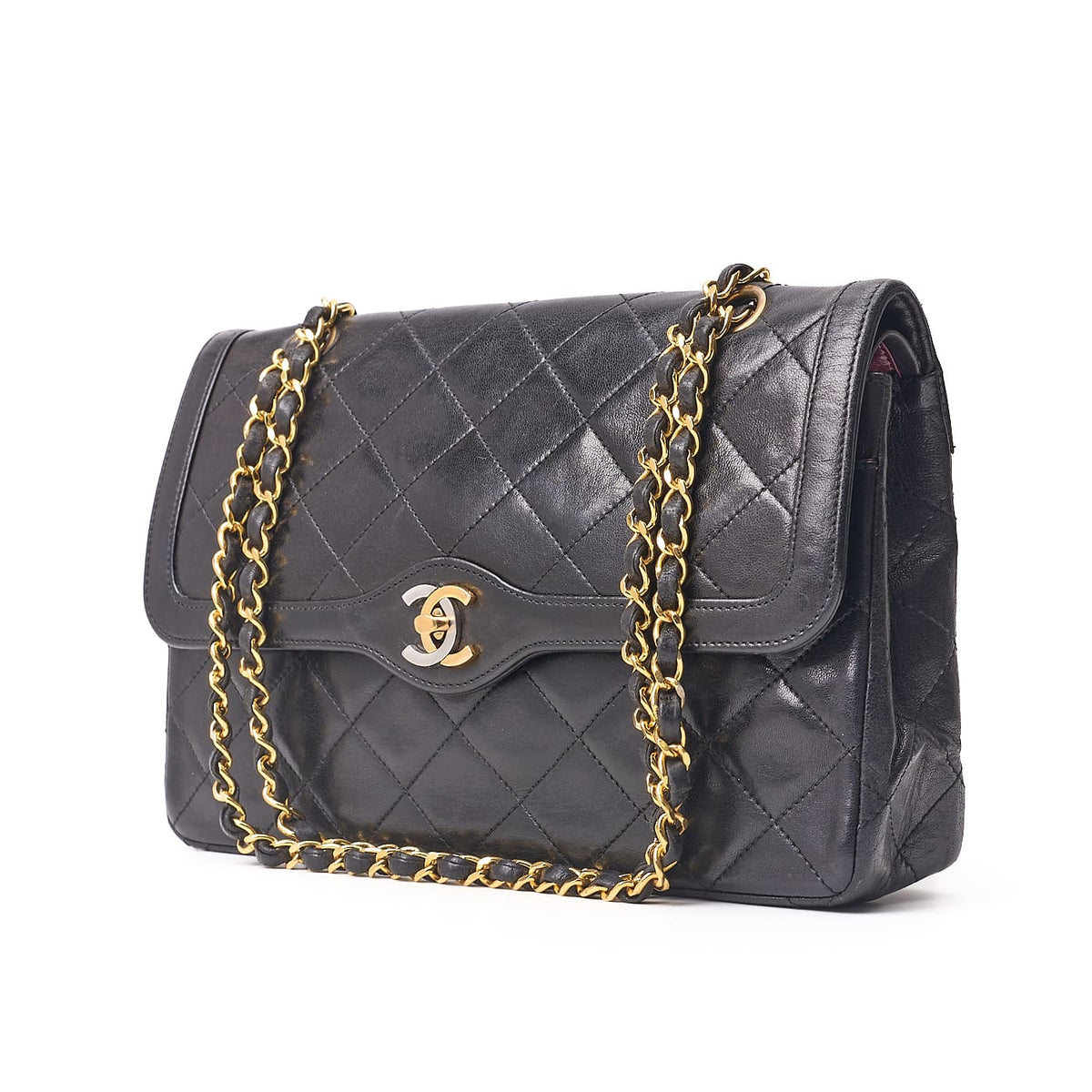 Pre-Owned Shoulder Bag, Matelasse, Chain Shoulder, Lambskin, Black, Silver-Tone Hardware, Pre-Owned