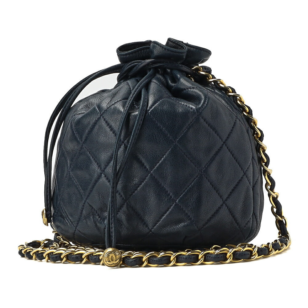 Pre-Owned Shoulder Bag Matelasse Drawstring Type Chain Shoulder Lambskin Navy Gold-Tone Hardware Pre-Owned