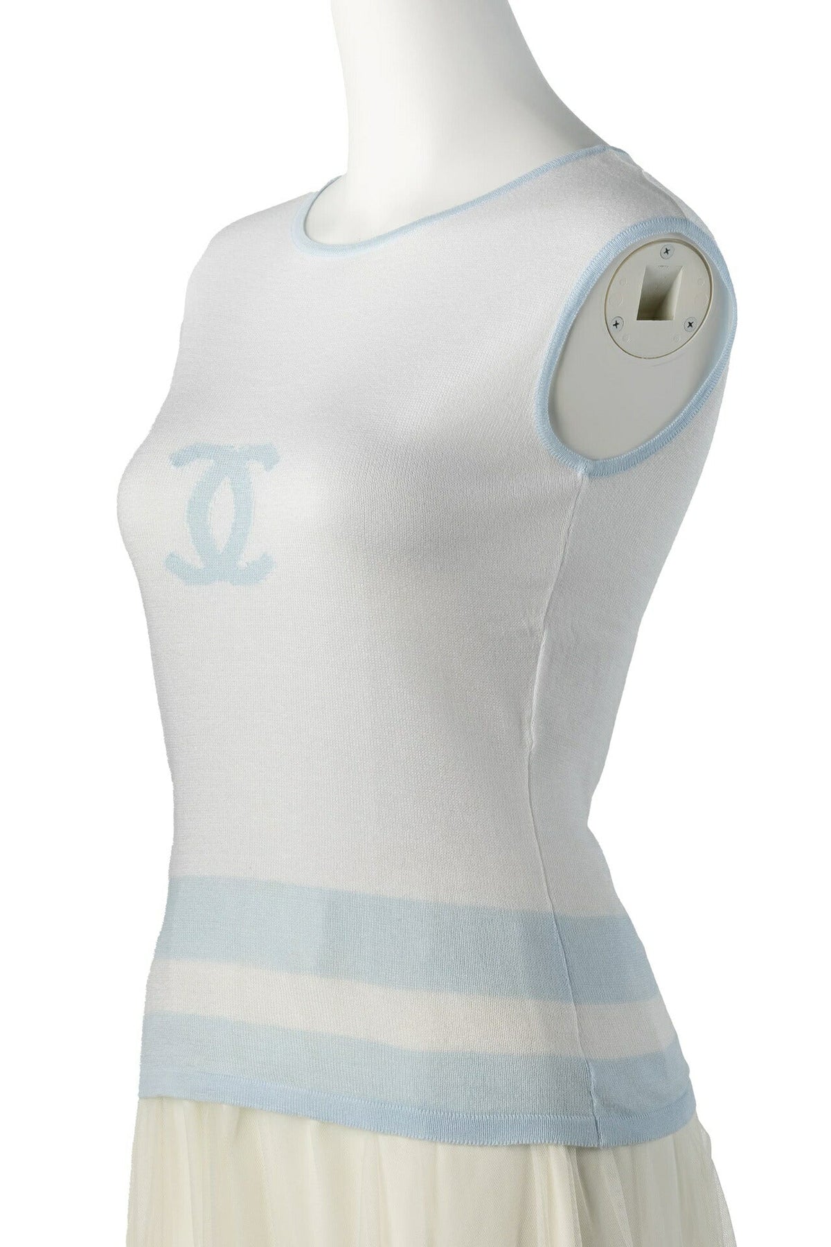 T-shirt sans manches d'occasion, coupé-cousu, coton, blanc, finitions argentées, d'occasion