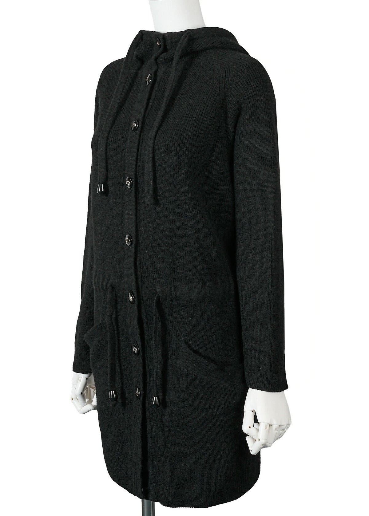 Pre-Owned Hooded Cardigan, Gilogo Button, Knit, Wool, Black, Silver-Tone Hardware, Pre-Owned
