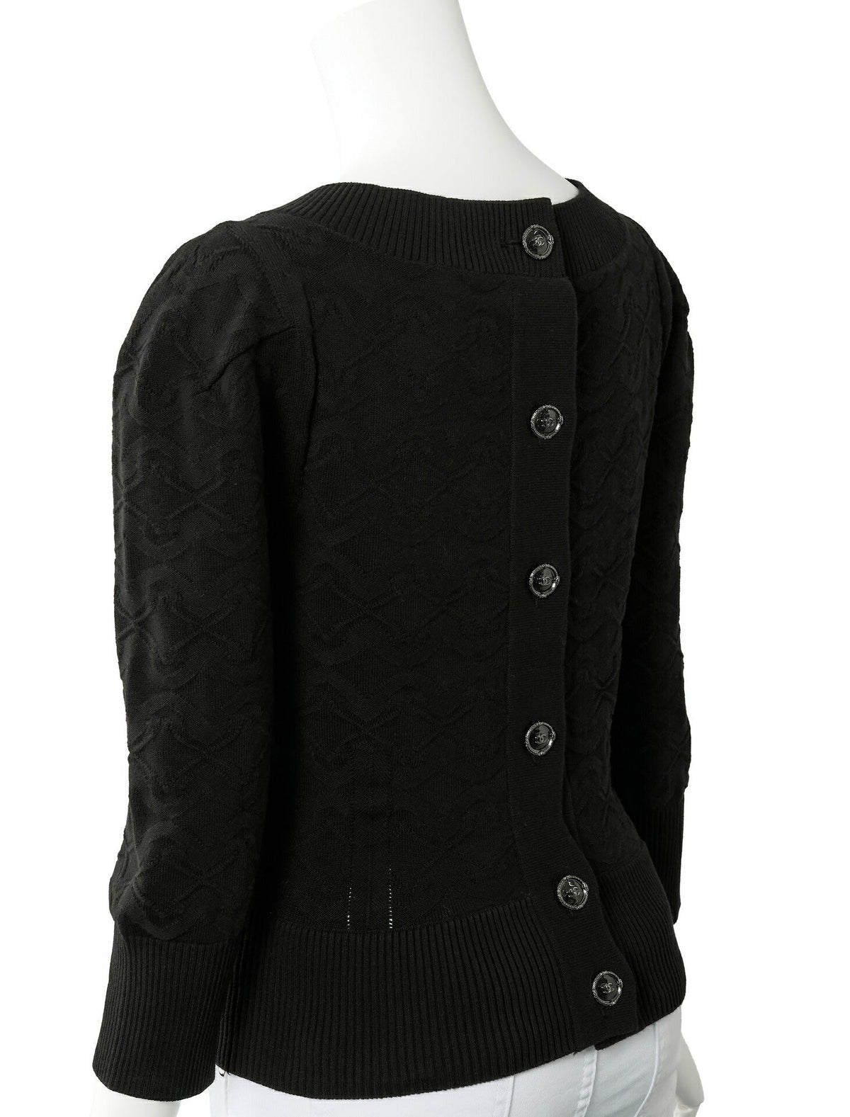 Pre-Owned Cardigan Knit Top, Coco Button Design, Cotton, Black, Gold-Tone Hardware, Pre-Owned
