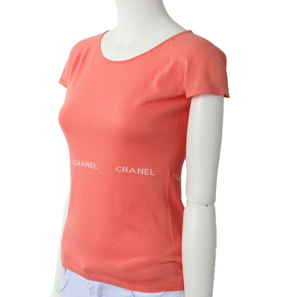 Pre-Owned T-Shirt, Logo Mark, Knit, Cotton, Salmon Pink, Gold-Tone Hardware, Pre-Owned