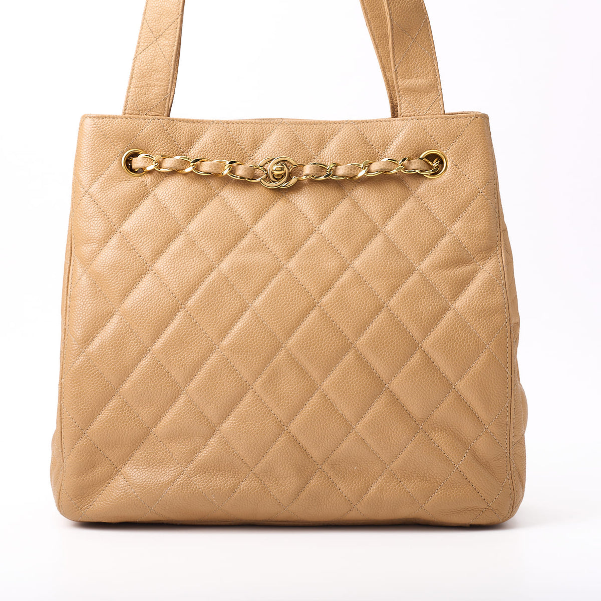 Pre-Owned Tote Bag Matelasse Chain Lock Caviar Skin Beige Gold-Tone Hardware Pre-Owned