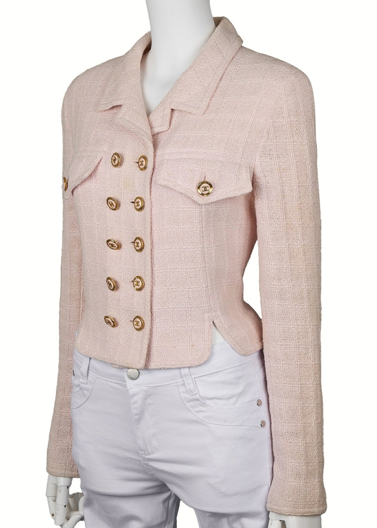 Pre-Owned Jacket, Coco Button, Tweed, Cotton, Pink, Gold-Tone Hardware, Pre-Owned