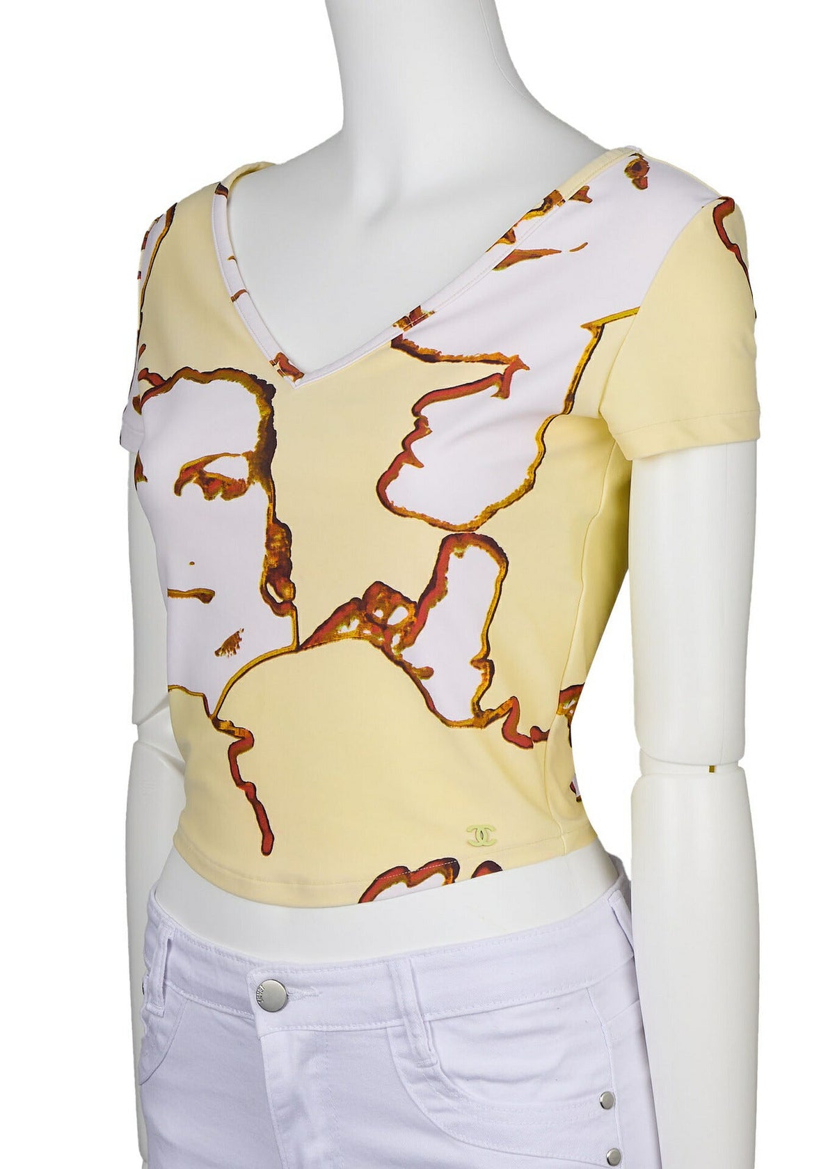 Pre-Owned T-Shirt, Coco Mark Total Pattern, Short Sleeve, Cotton, Yellow, Gold-Tone Hardware, Pre-Owned