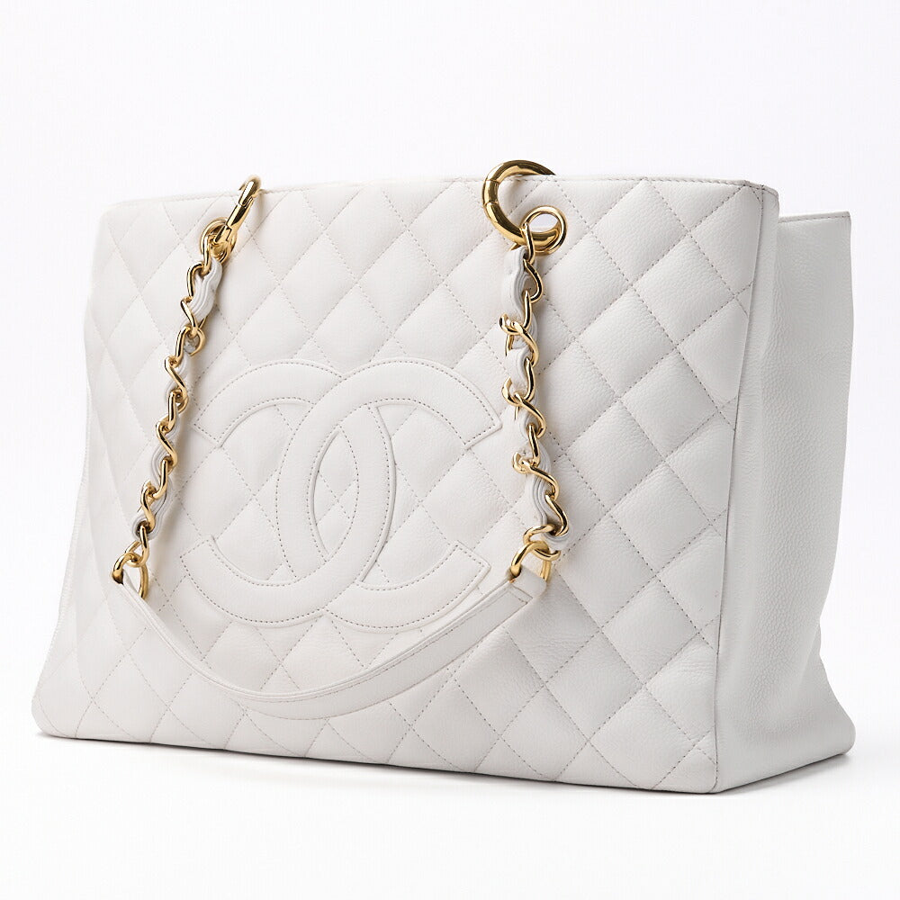 Sac bandoulière d'occasion, matelassé, Coco Mark, cuir caviar, blanc, finitions argentées, d'occasion