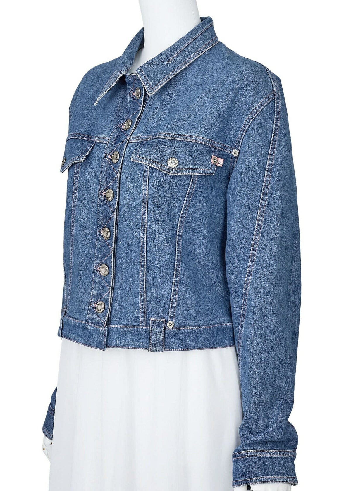 Pre-Owned Denim Jacket, Logo Button, Long Sleeve, Cotton, Blue, Silver-Tone Hardware, Pre-Owned