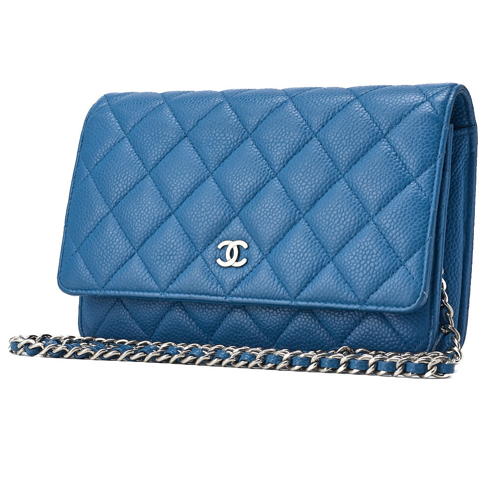 Pre-Owned Chain Wallet, Matelasse, Caviar Skin, Turquoise Blue, Silver-Tone Hardware, Pre-Owned