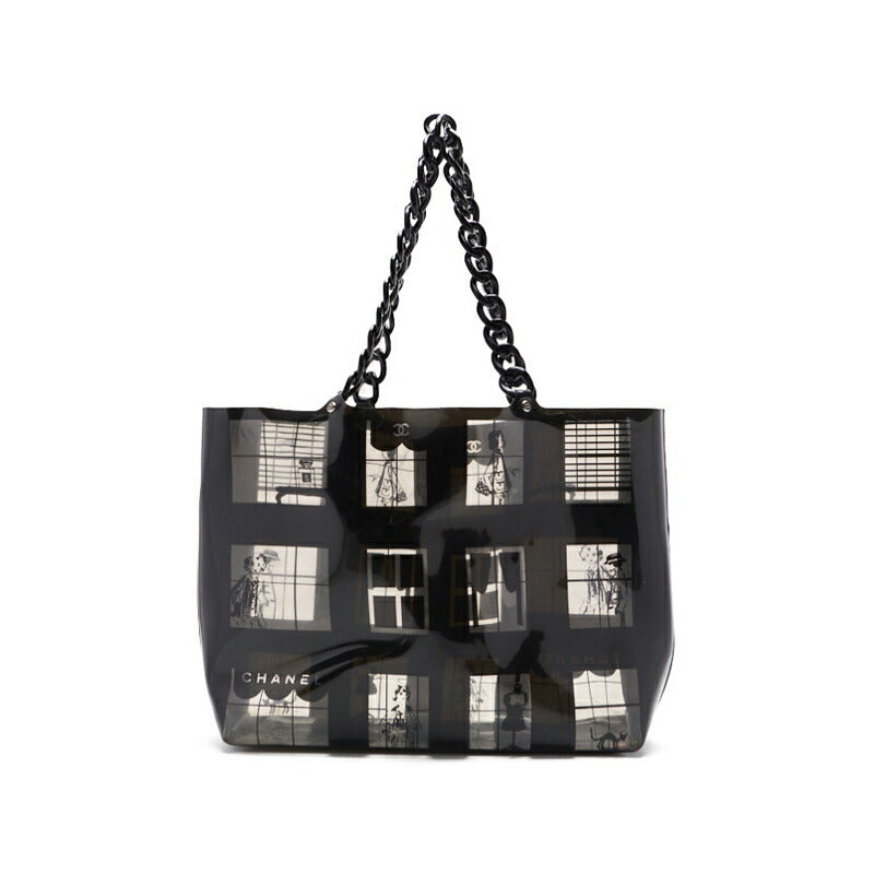 Sac fourre-tout d'occasion, chaîne en plastique, vinyle, noir, quincaillerie argentée, d'occasion