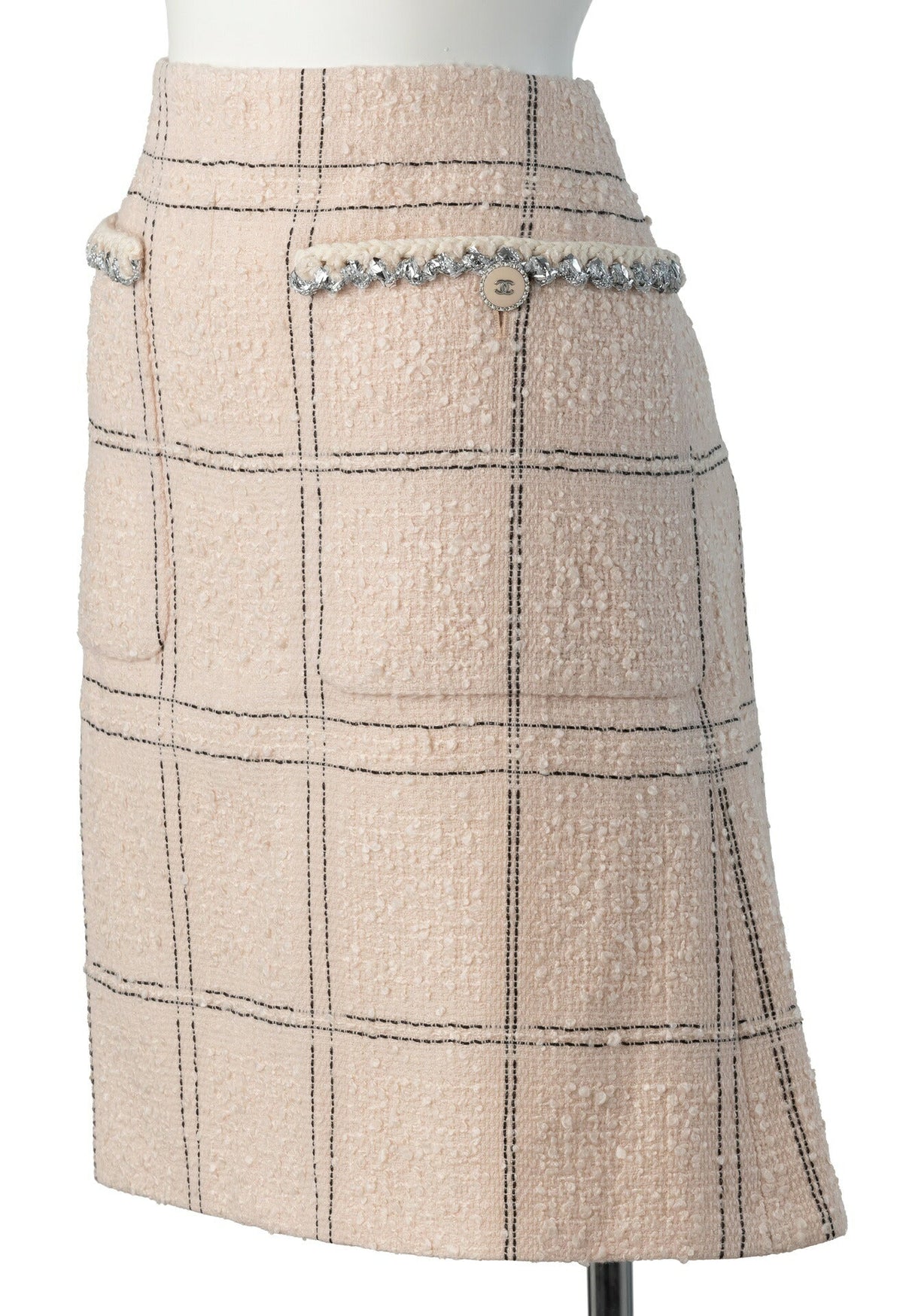 Pre-Owned Skirt, Coco Button, Tweed, Wool, Pink, Silver-Tone Hardware, Pre-Owned